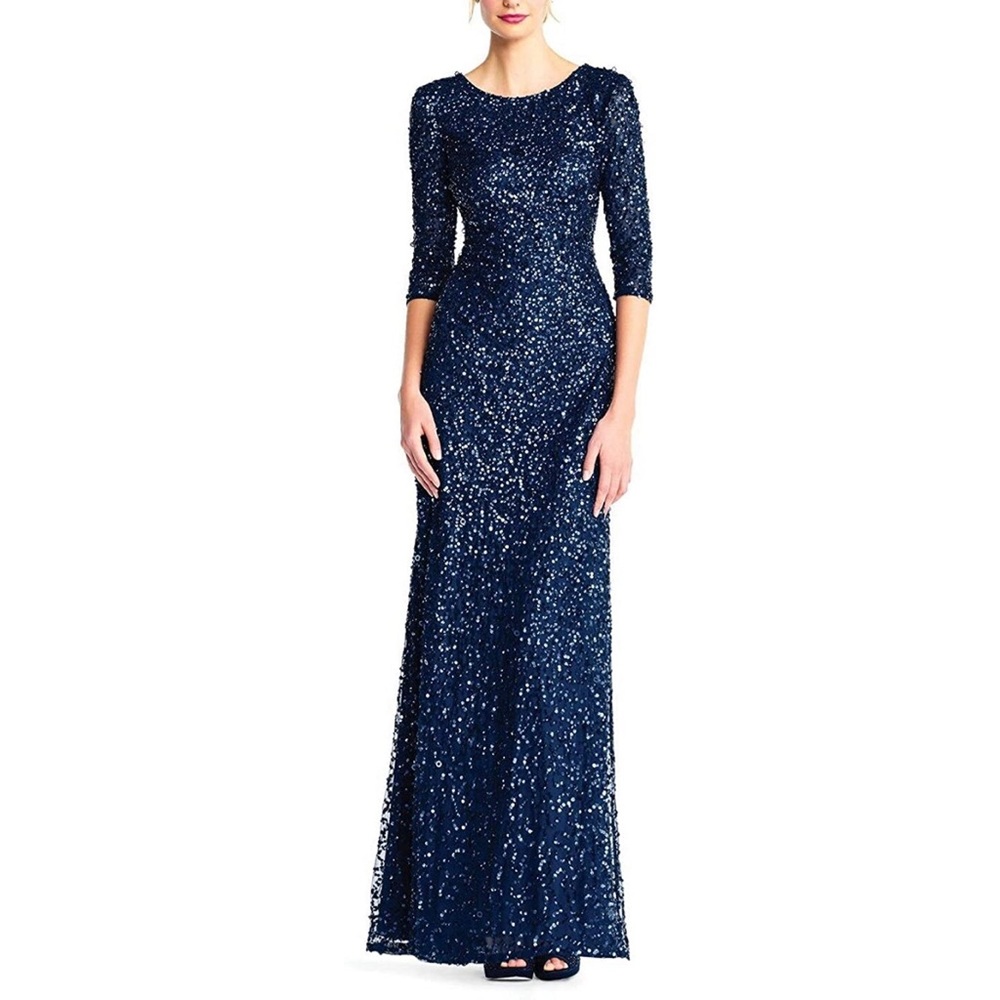 Adrianna Papell Sz 12 Sequin Gown Navy Blue Scoop